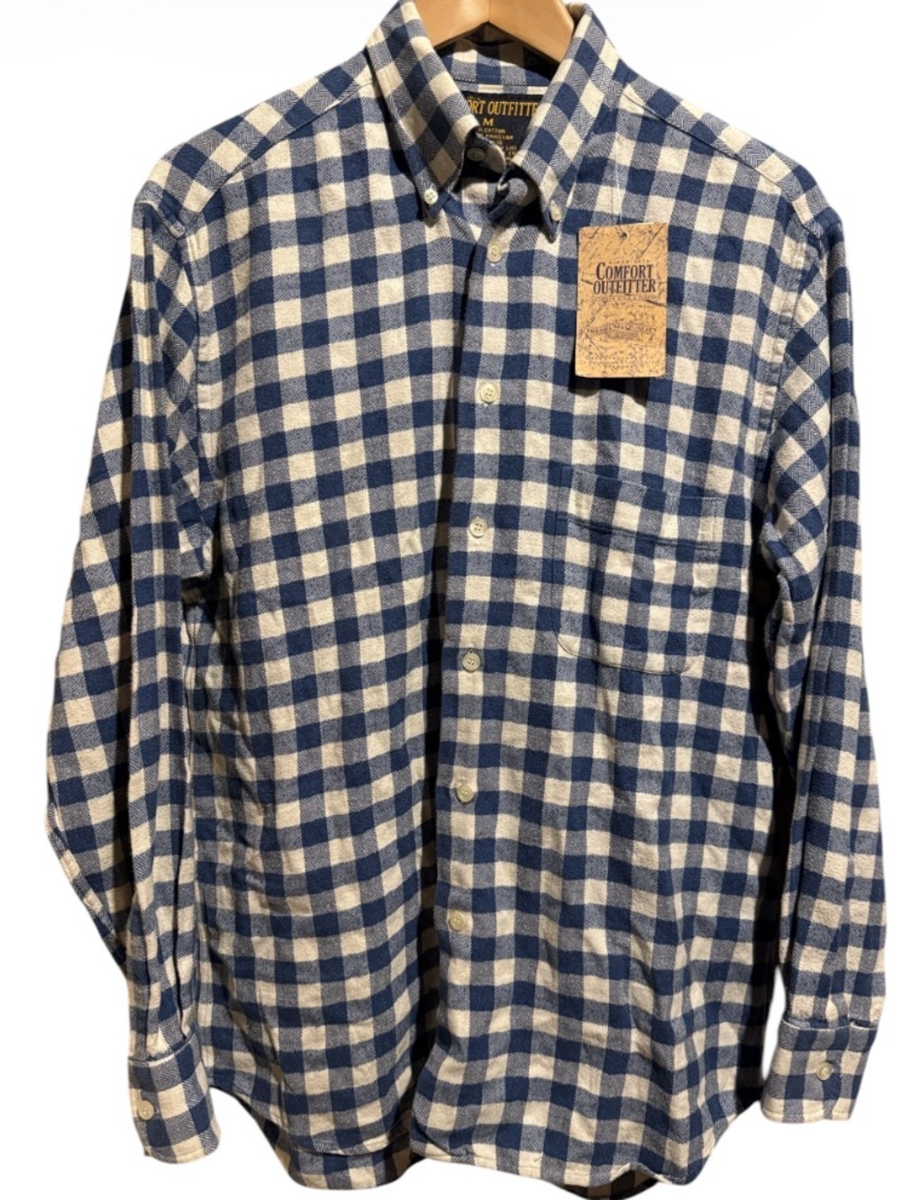 Comfort Outfitter Blue and White Check Button-Down Shirt medium 100% cotton NEW